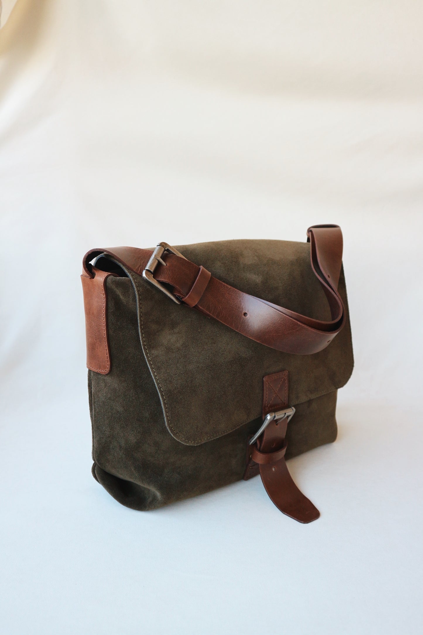 Suede and Leather Shoulder Bag – Dark Khaki & Brown