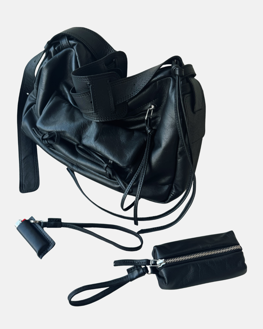 Black Genuine Leather Bag with Detachable Charms & Organizer
