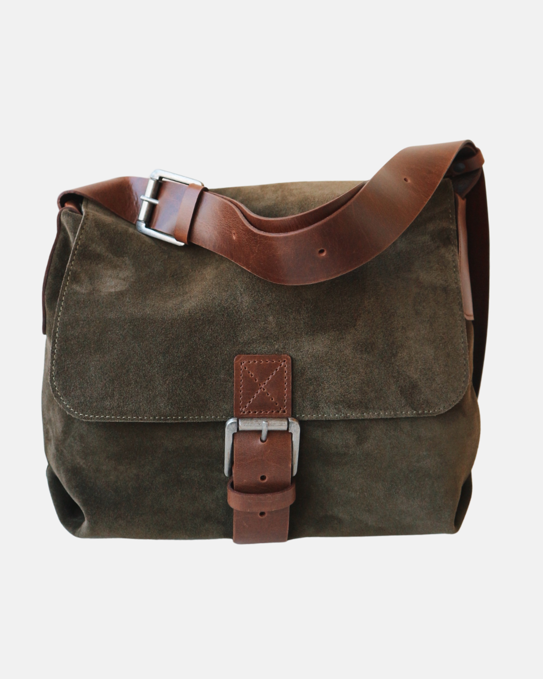 Suede and Leather Shoulder Bag – Dark Khaki & Brown