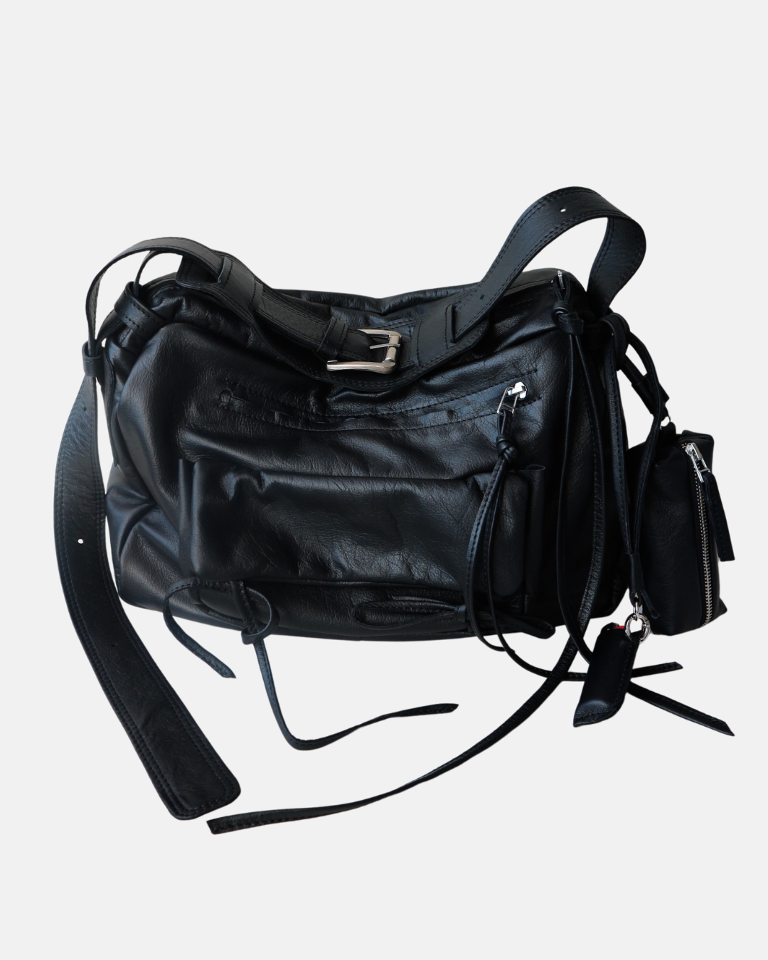 Black Genuine Leather Bag with Detachable Charms & Organizer