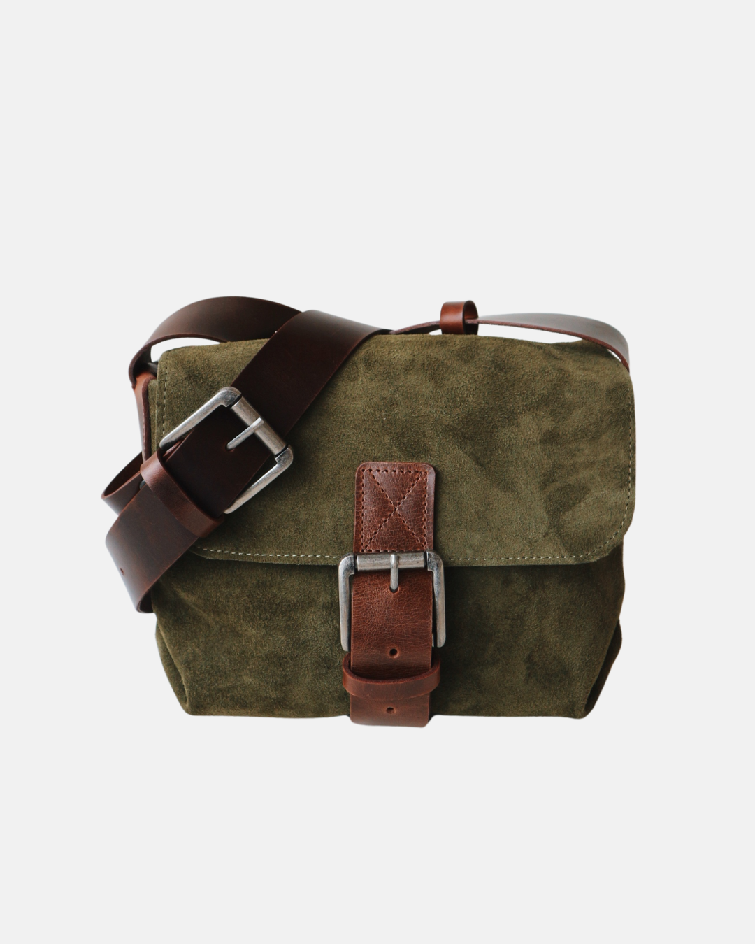 Suede and Leather Shoulder Bag Small – Dark Khaki & Brown