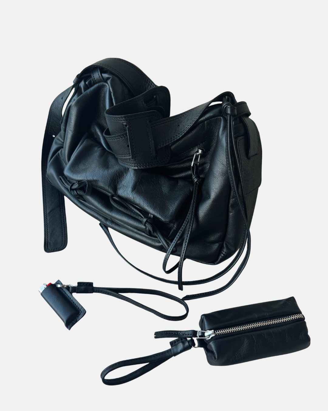 Black Genuine Leather Bag with Detachable Charms & Organizer