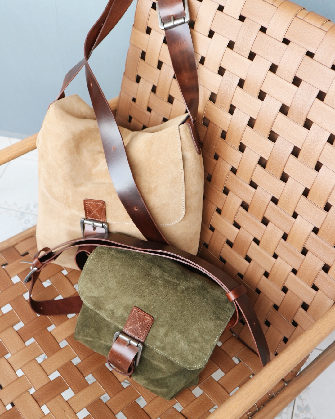 Suede and Leather Shoulder Bag Small – Dark Khaki & Brown