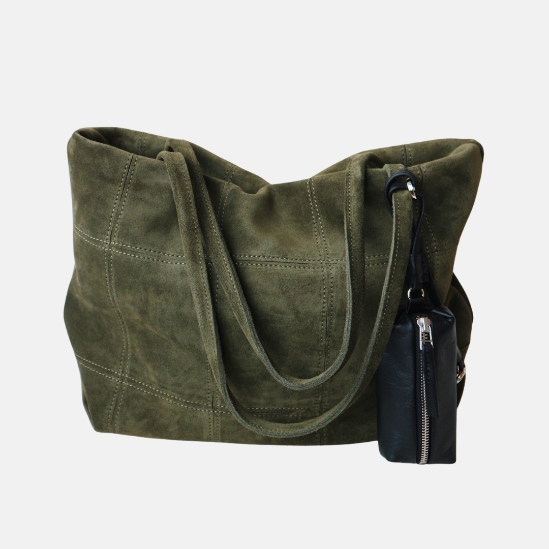 Khaki Suede Tote Bag with Detachable Leather Lighter Case & Zippered Pouch