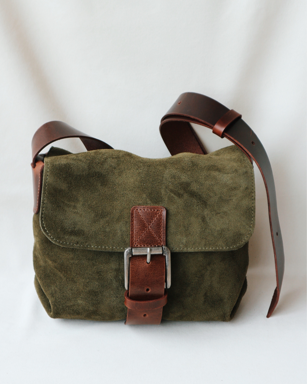 Suede and Leather Shoulder Bag Small – Dark Khaki & Brown
