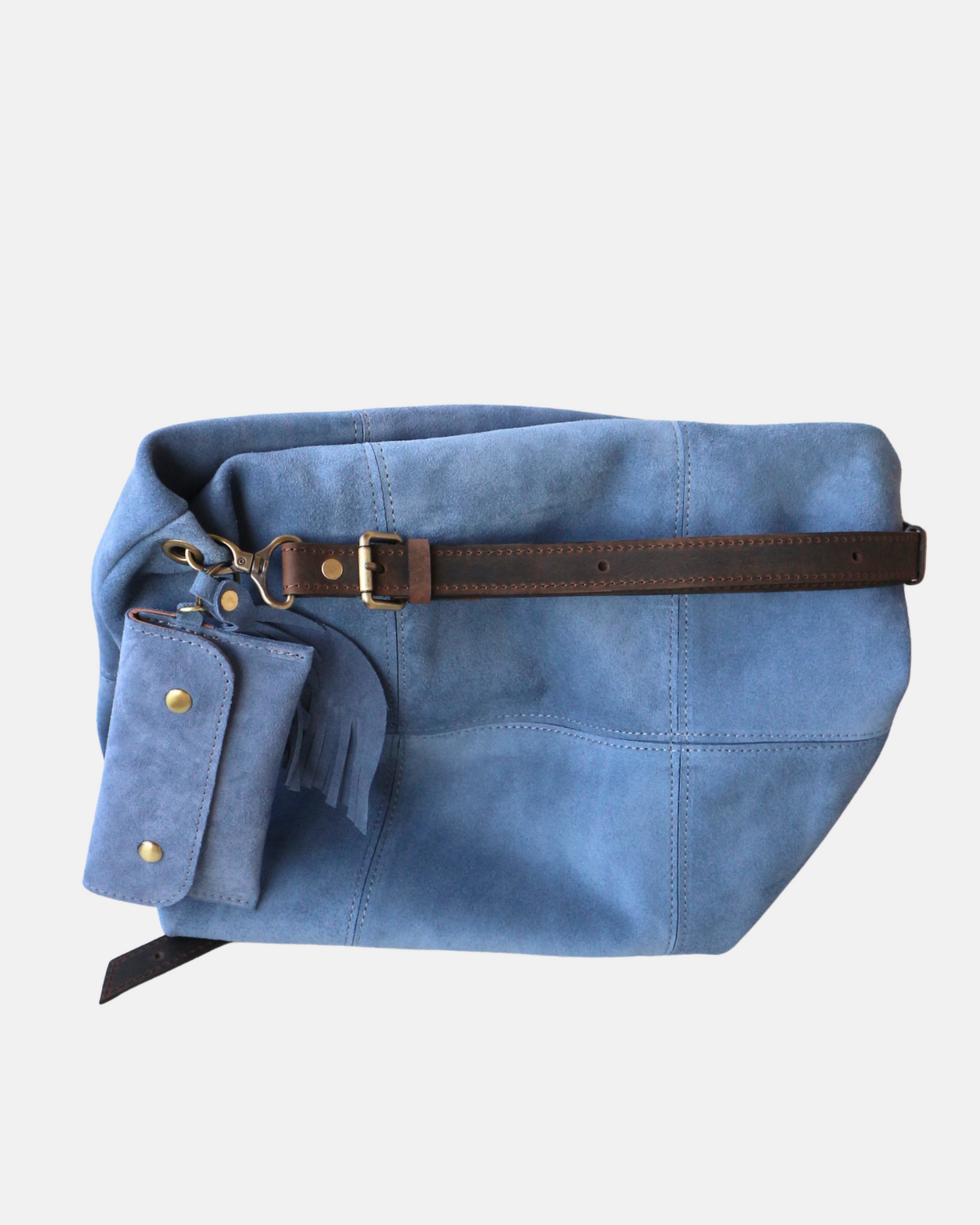 Blue bag with a brown strap on a light gray background