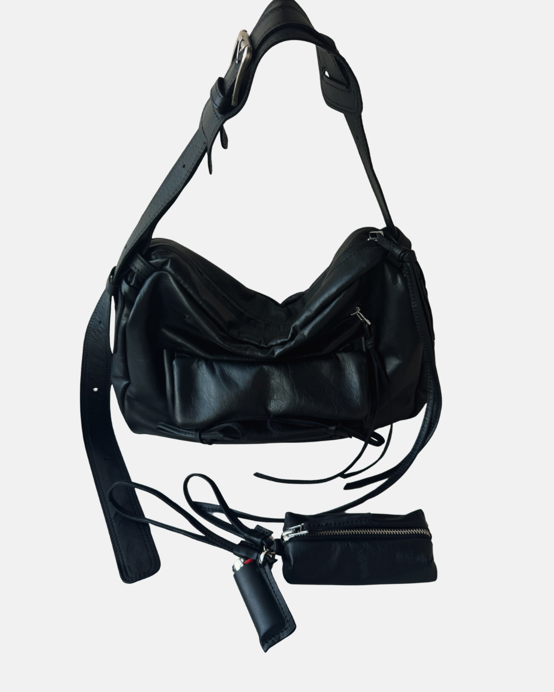 Black Genuine Leather Bag with Detachable Charms & Organizer