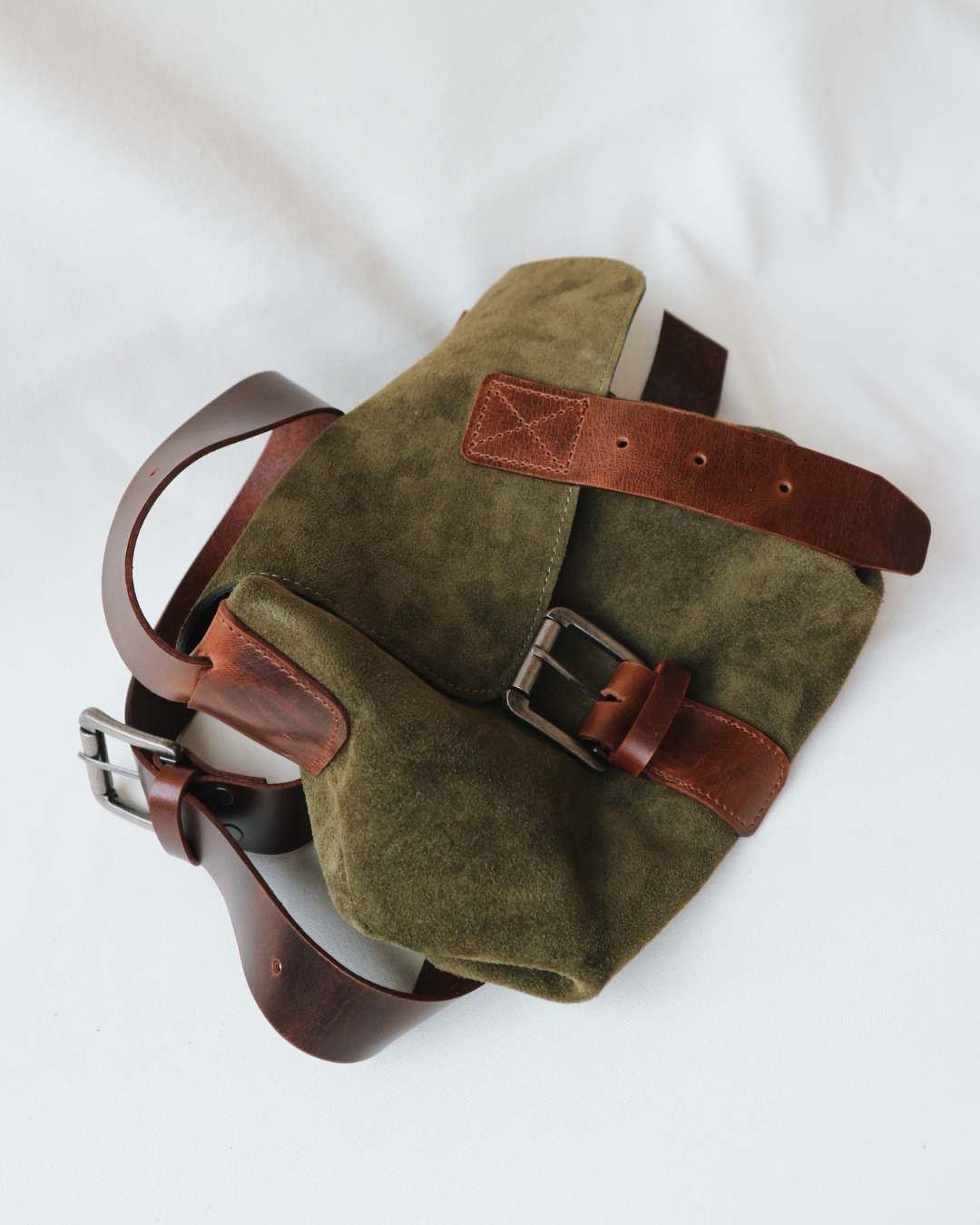 Suede and Leather Shoulder Bag Small – Dark Khaki & Brown