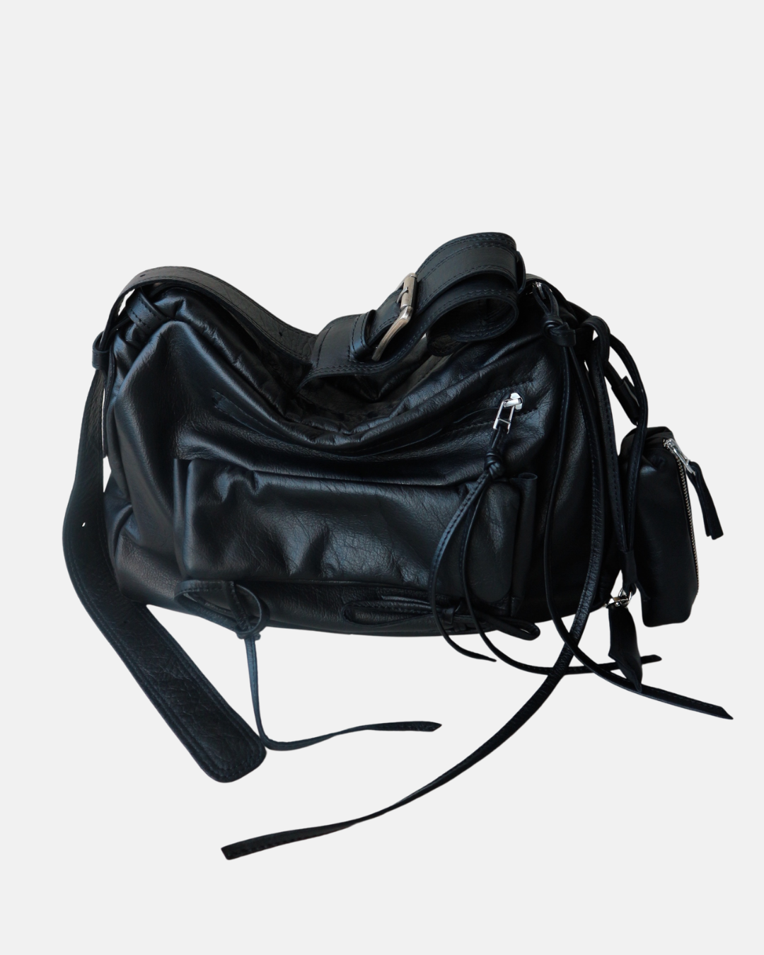 Black Genuine Leather Bag with Detachable Charms & Organizer
