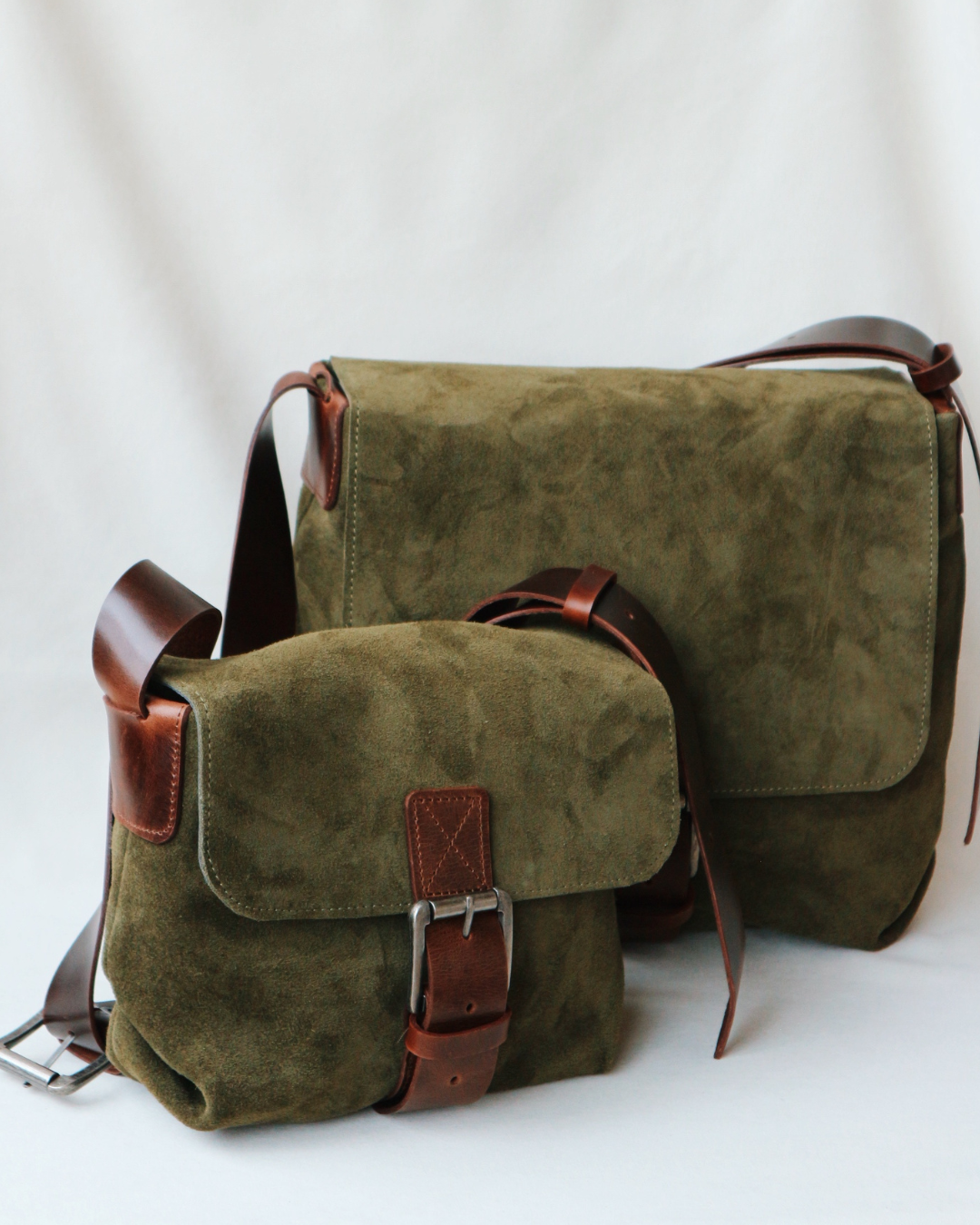 Suede and Leather Shoulder Bag Small – Dark Khaki & Brown