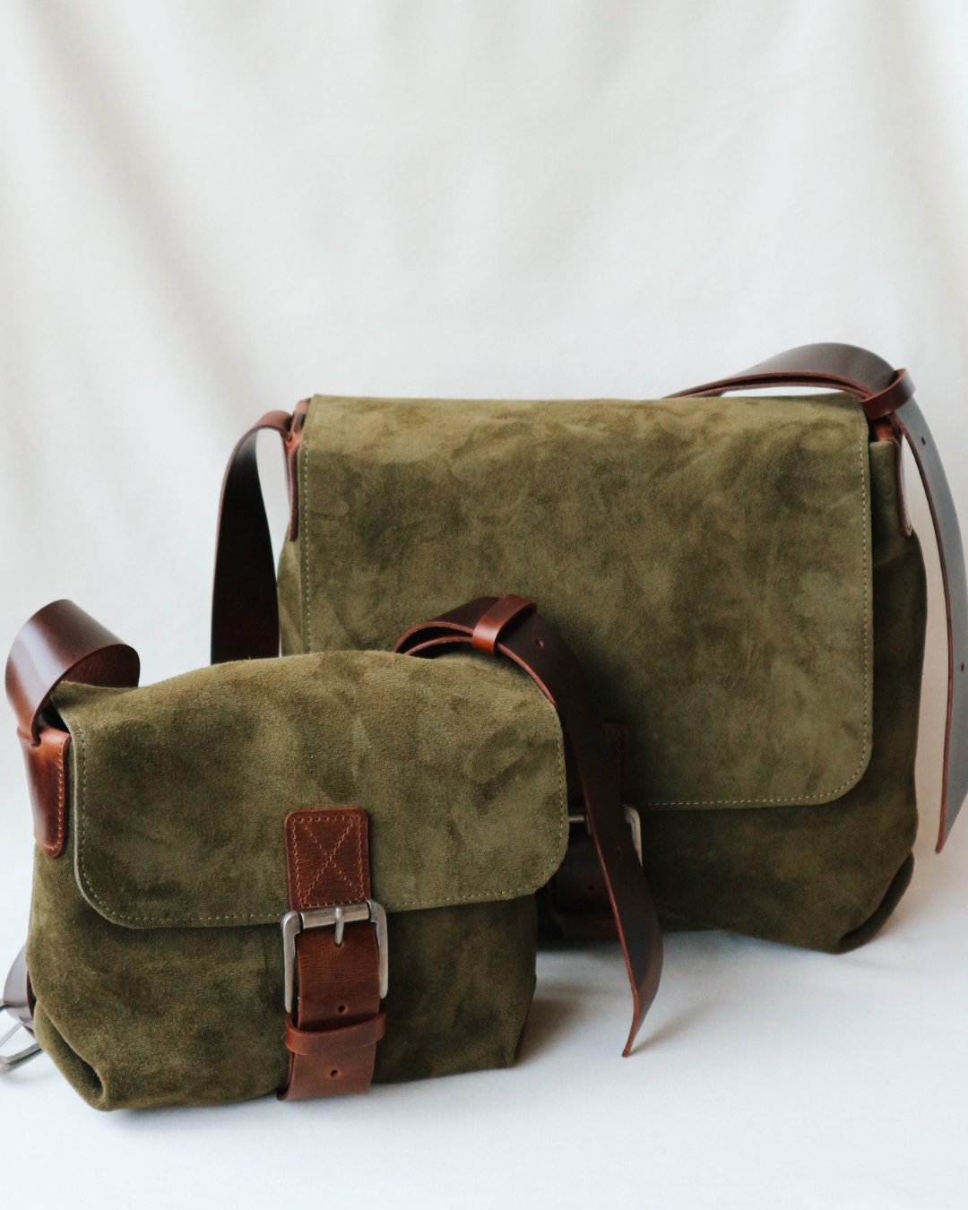 Suede and Leather Shoulder Bag Small – Dark Khaki & Brown