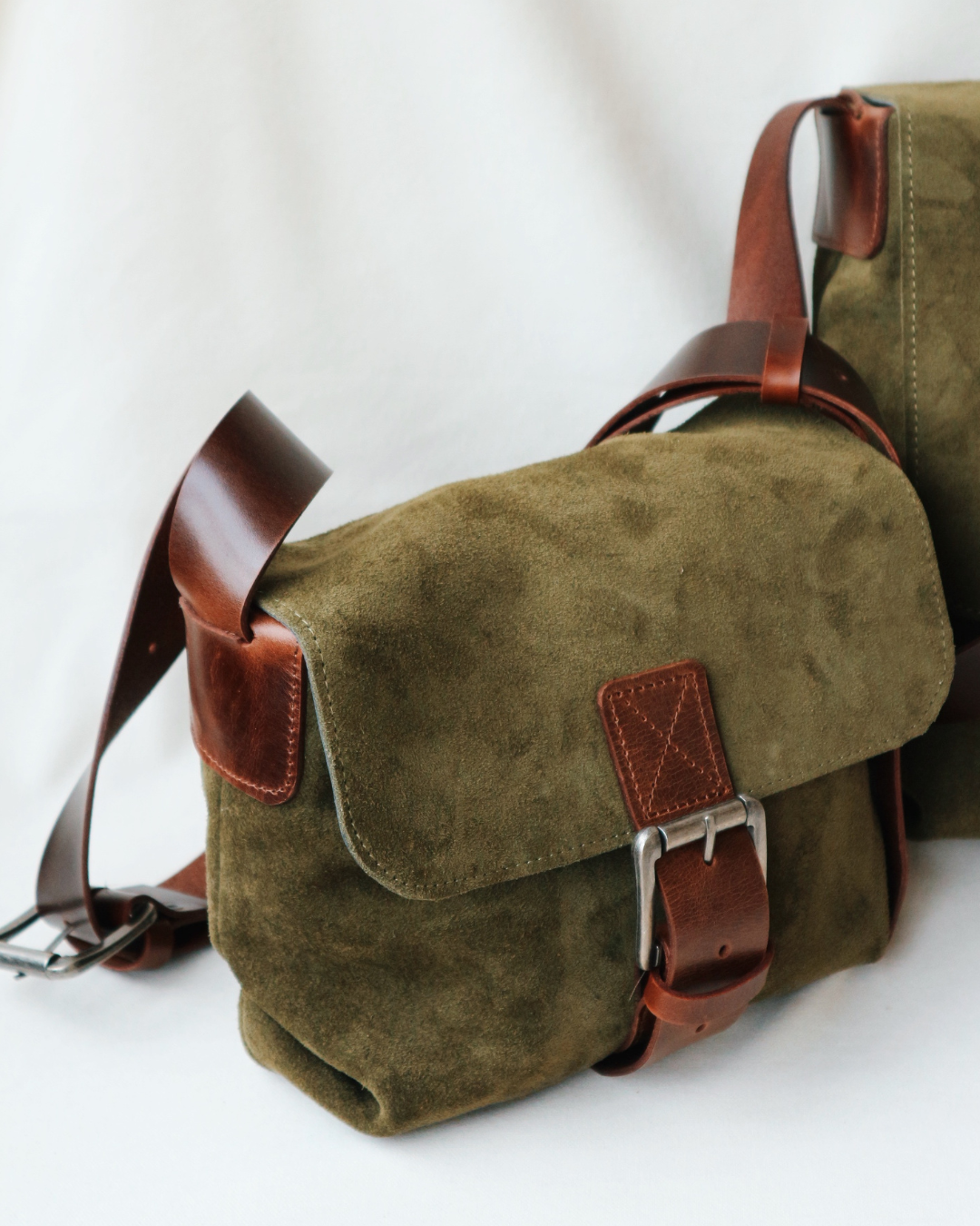 Suede and Leather Shoulder Bag Small – Dark Khaki & Brown