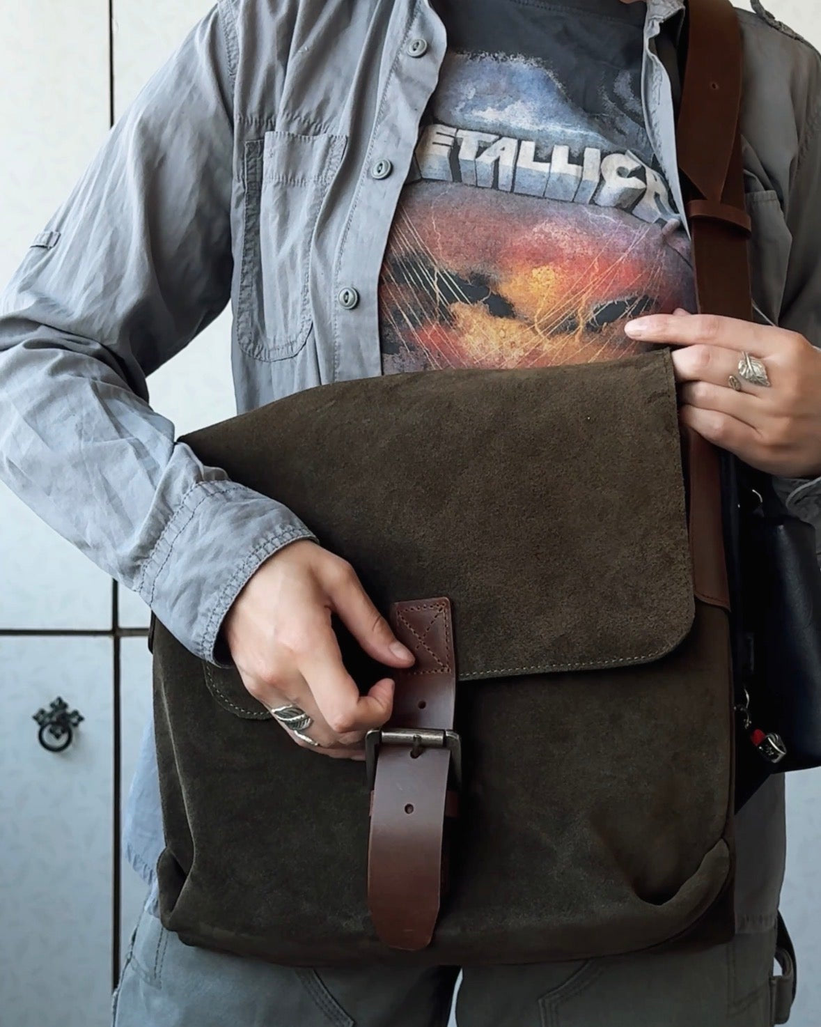 Suede and Leather Shoulder Bag – Dark Khaki & Brown