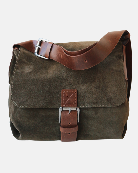Suede and Leather Shoulder Bag – Dark Khaki & Brown