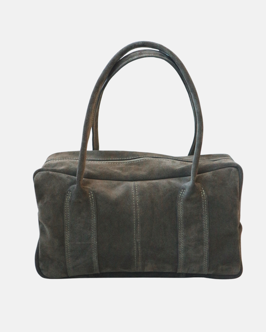 Dark brown leather handbag on a white background