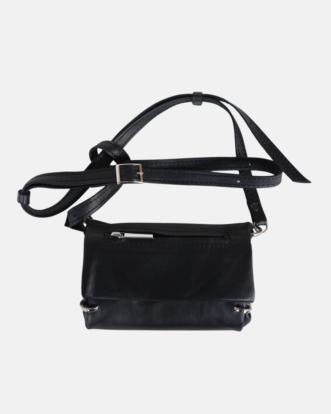 Black handbag with a strap on a light gray background