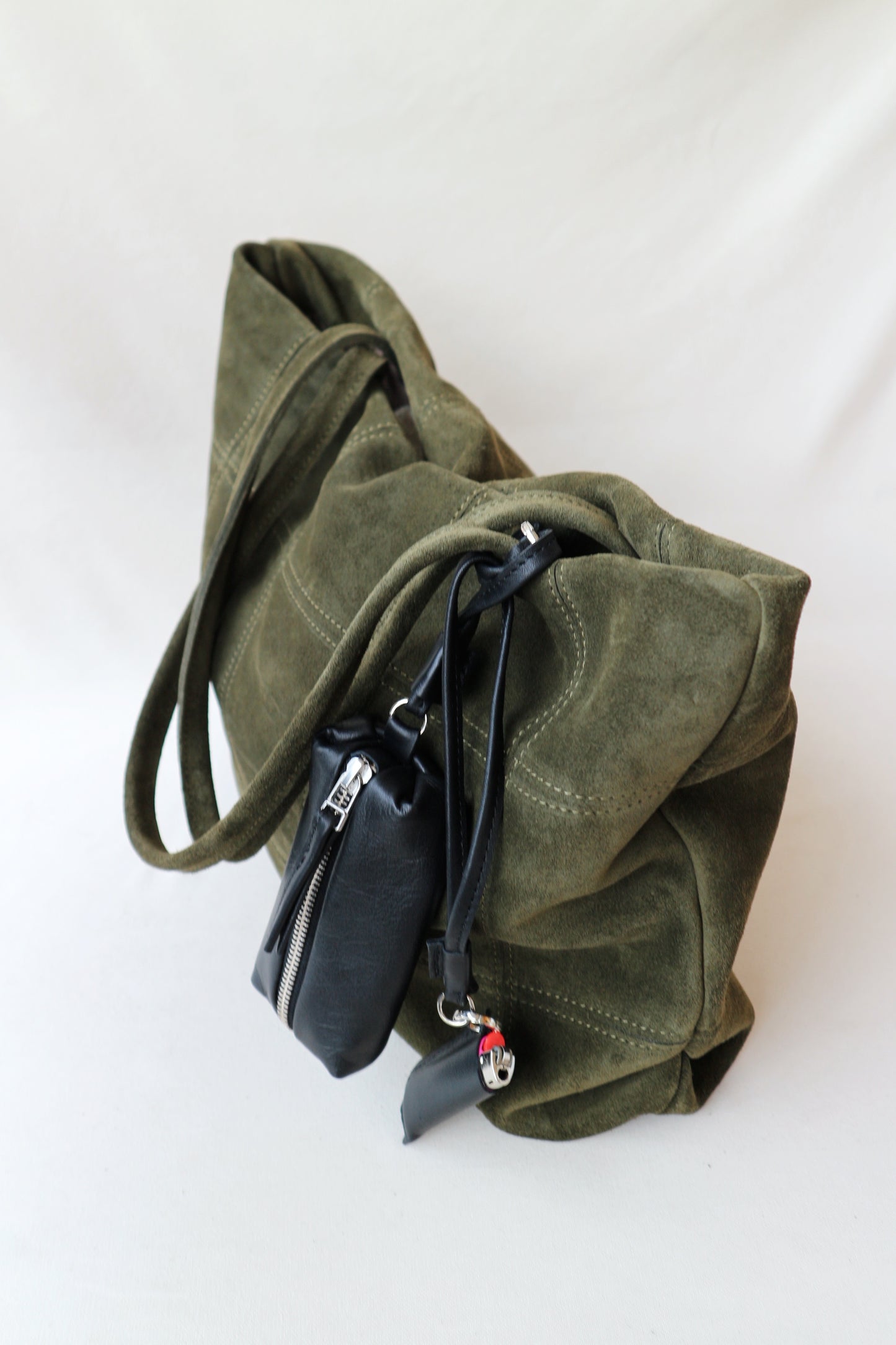 Khaki Suede Tote Bag with Detachable Leather Lighter Case & Zippered Pouch