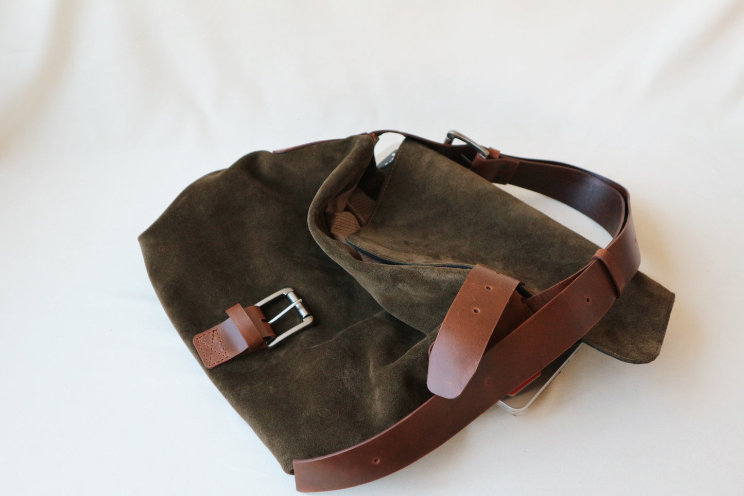 Suede and Leather Shoulder Bag – Dark Khaki & Brown