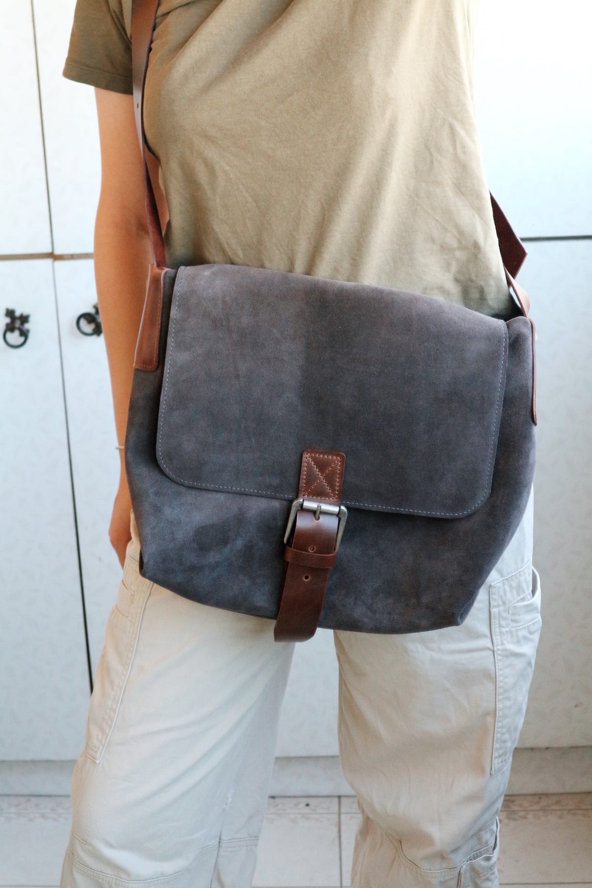 Genuine Suede & Leather Crossbody Messenger Bag