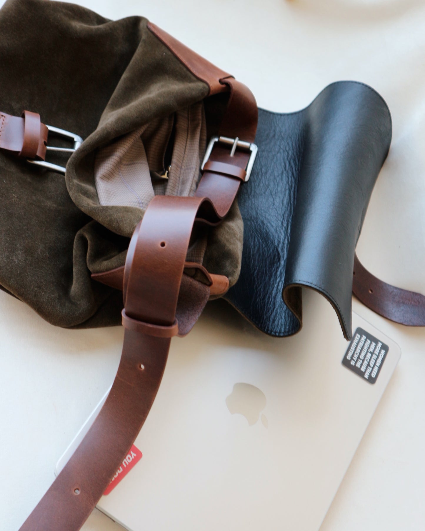 Suede and Leather Shoulder Bag – Dark Khaki & Brown
