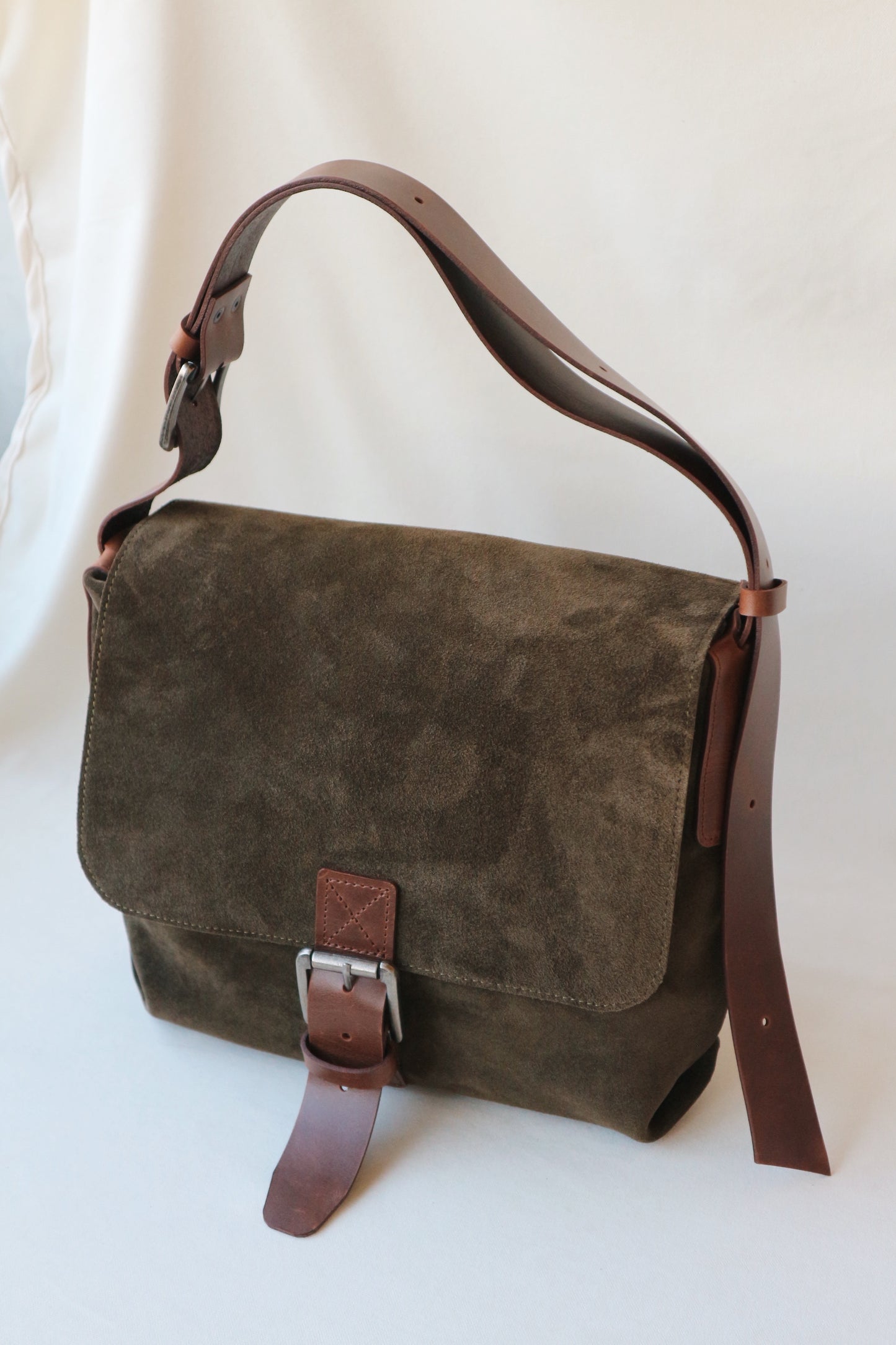 Suede and Leather Shoulder Bag – Dark Khaki & Brown