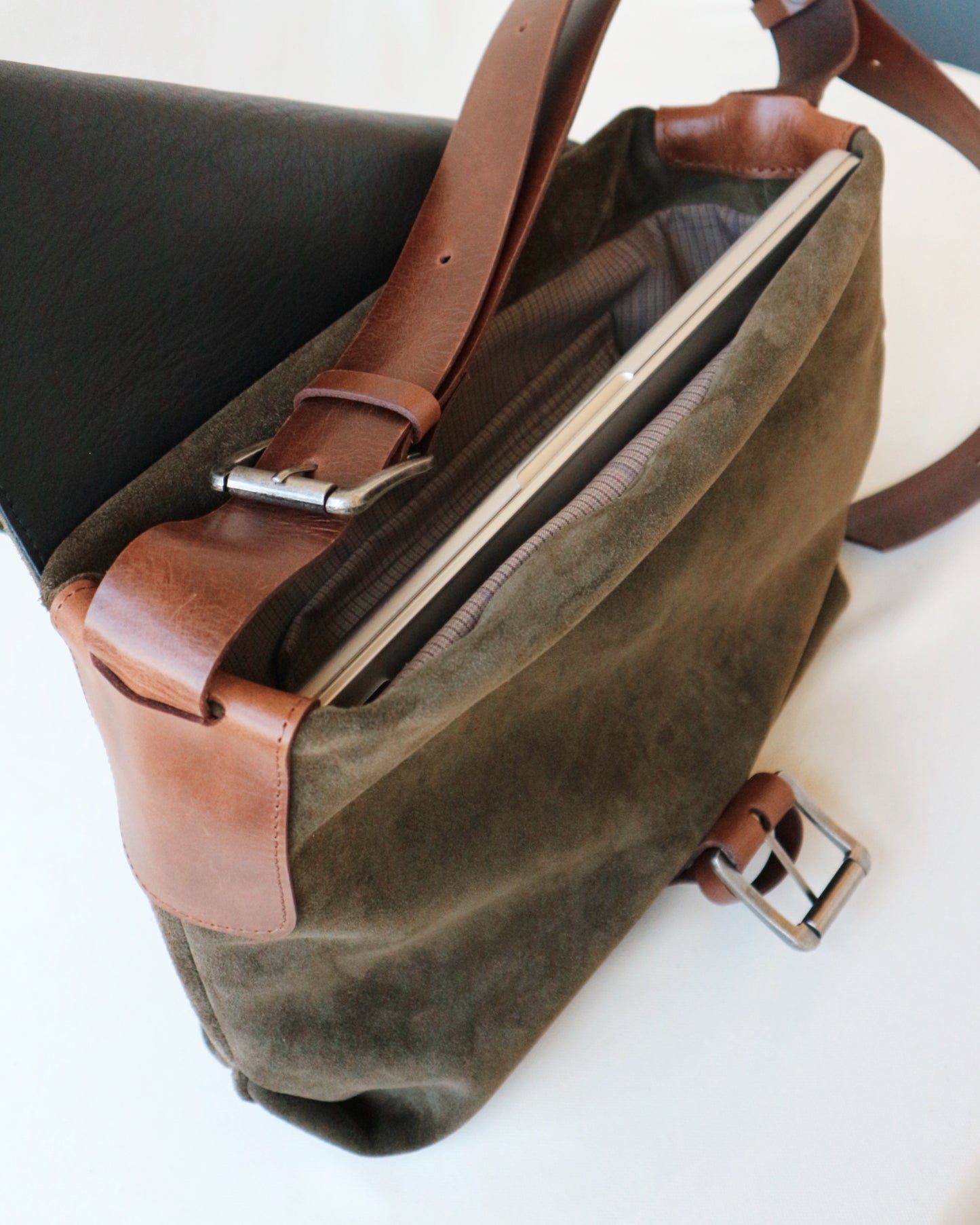 Suede and Leather Shoulder Bag – Dark Khaki & Brown