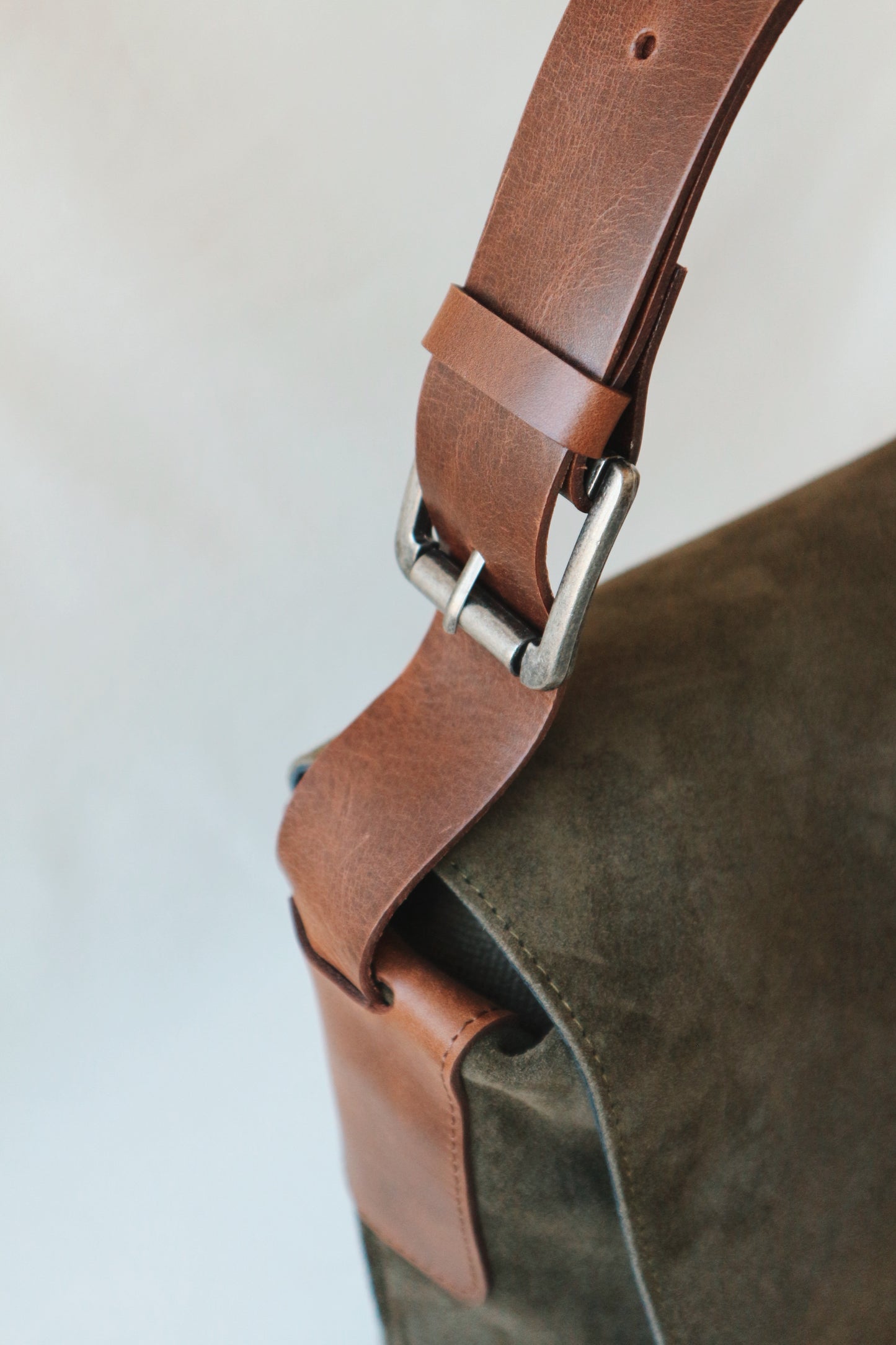 Suede and Leather Shoulder Bag – Dark Khaki & Brown