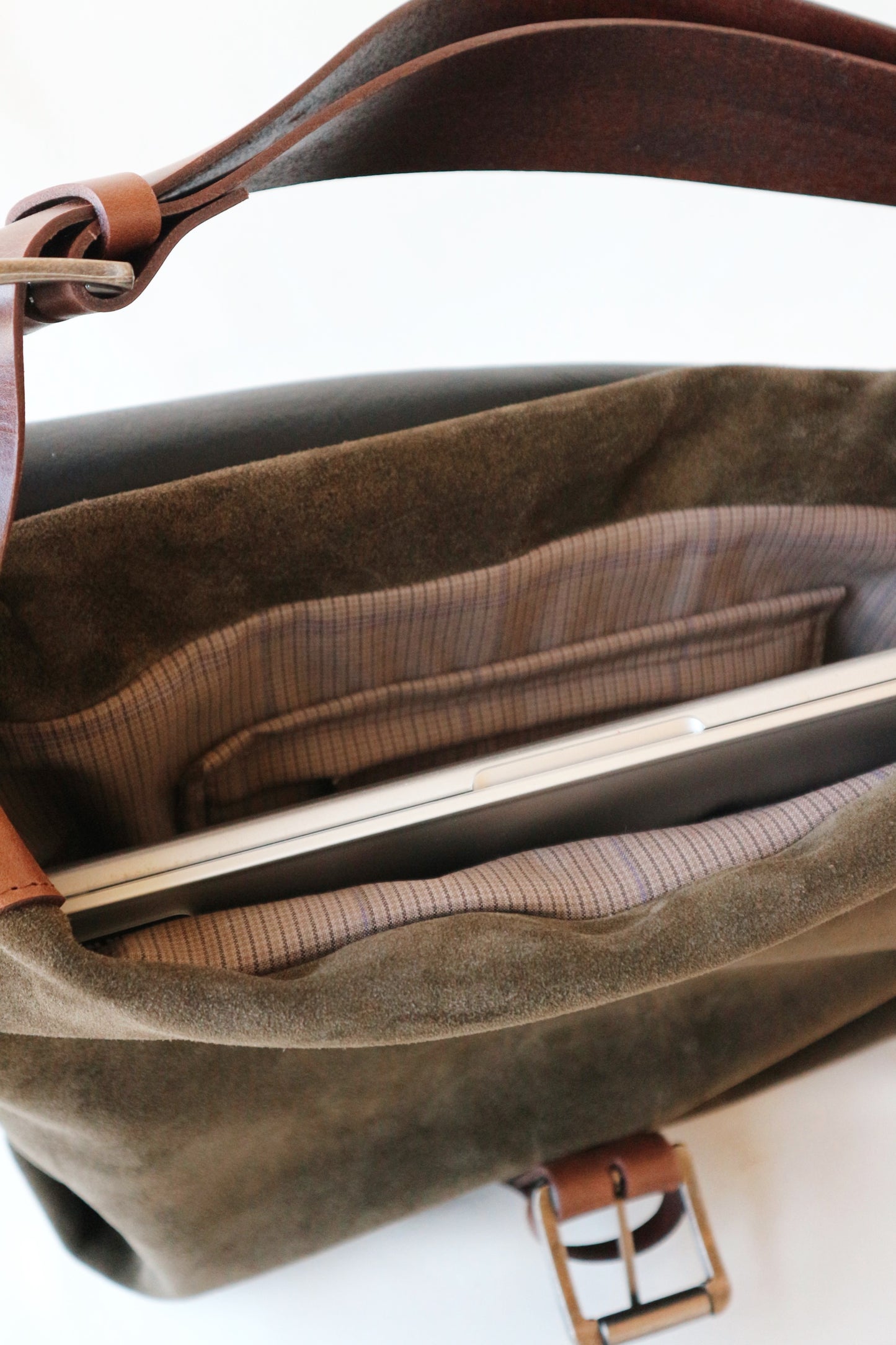 Suede and Leather Shoulder Bag – Dark Khaki & Brown