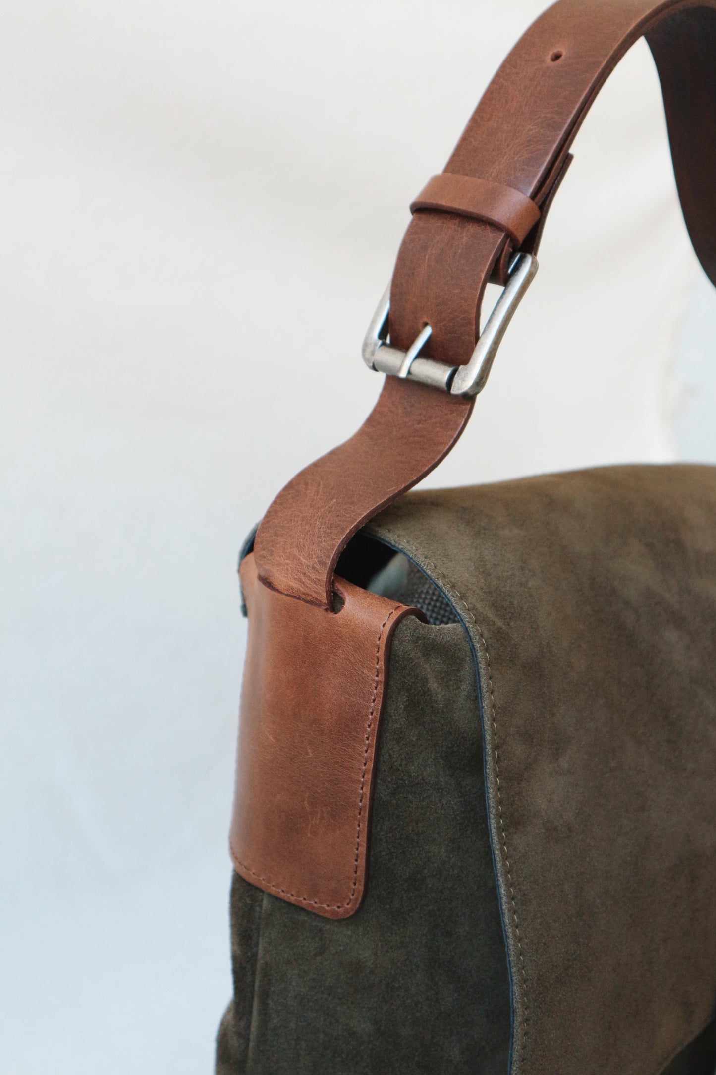 Suede and Leather Shoulder Bag – Dark Khaki & Brown