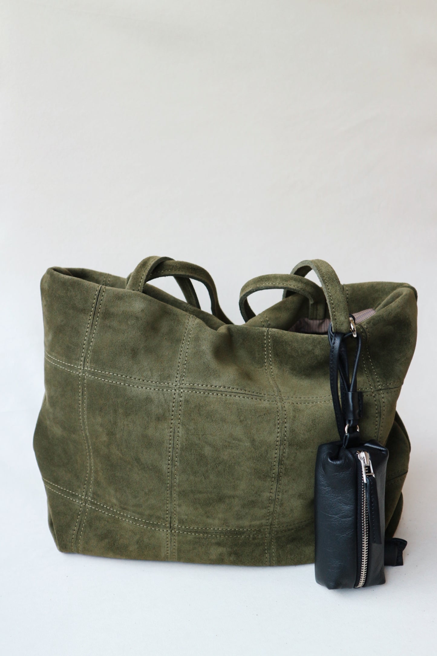 Khaki Suede Tote Bag with Detachable Leather Lighter Case & Zippered Pouch