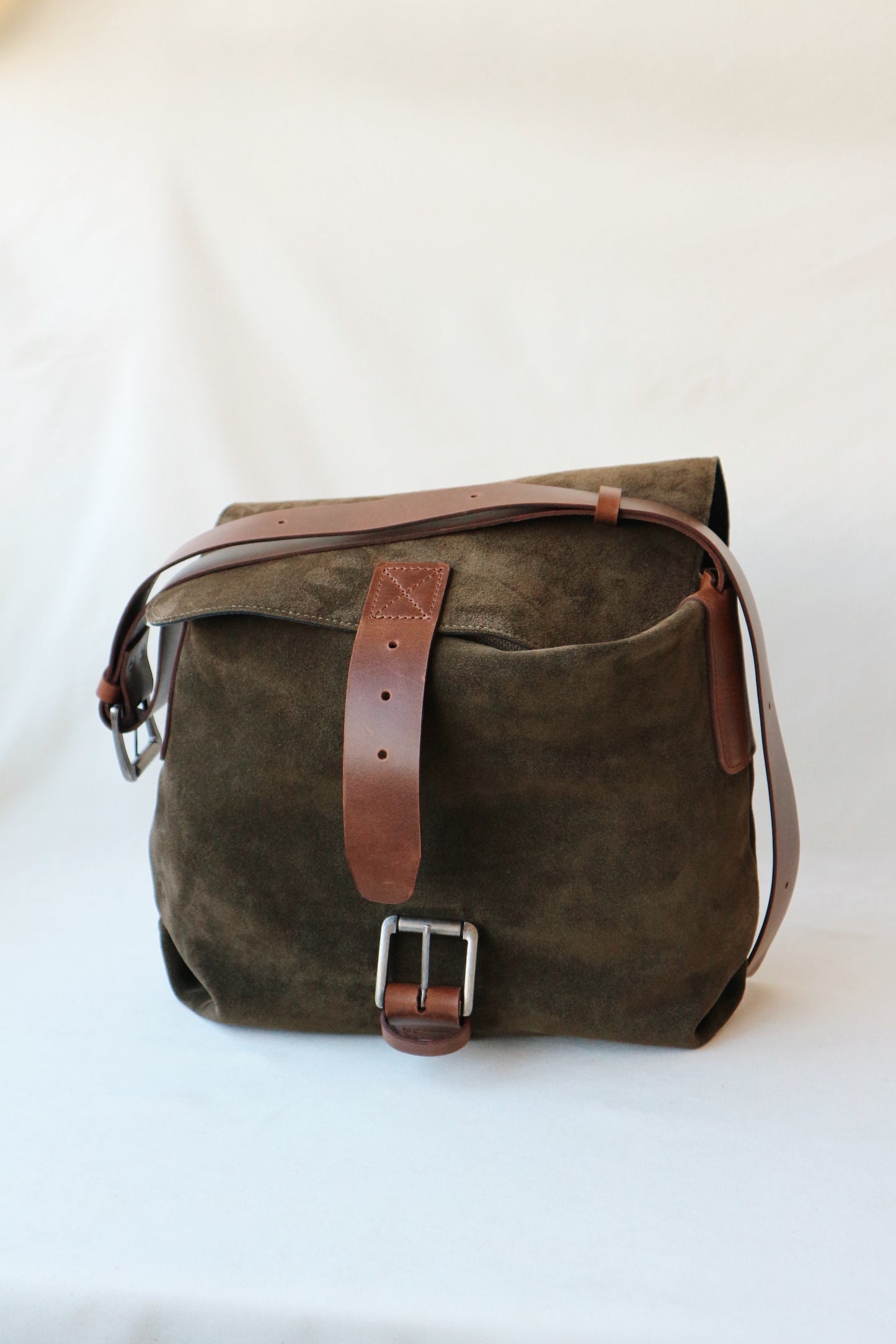 Suede and Leather Shoulder Bag – Dark Khaki & Brown
