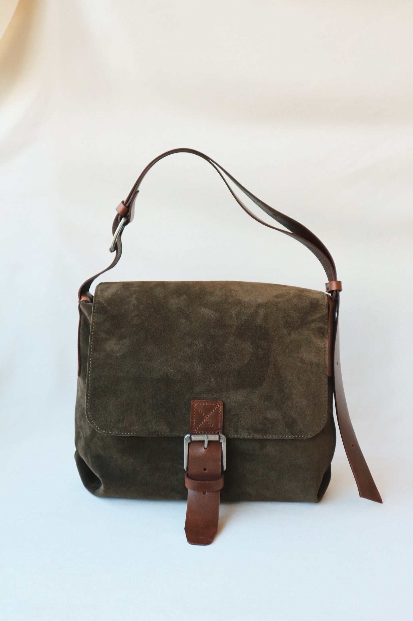 Suede and Leather Shoulder Bag – Dark Khaki & Brown
