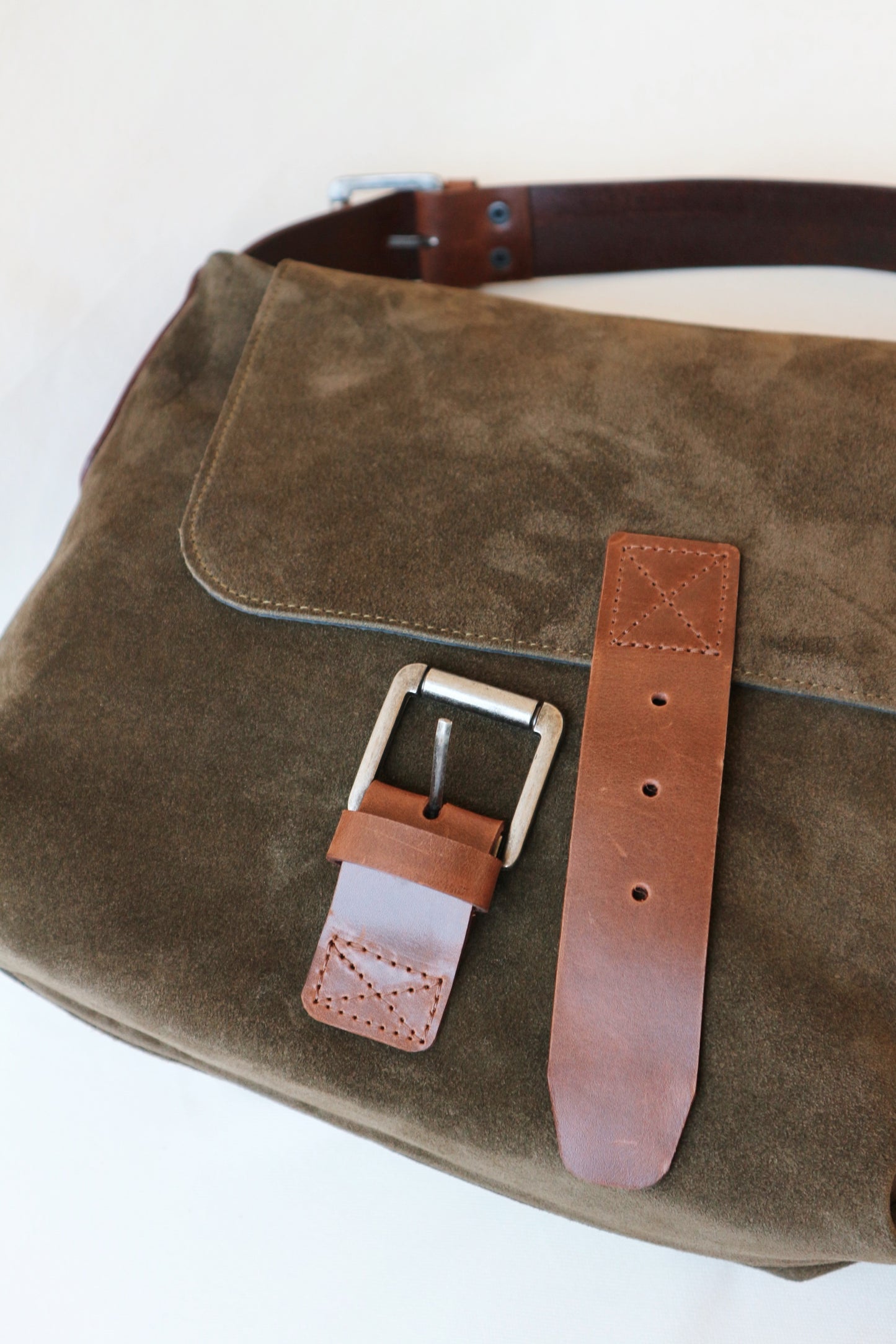 Suede and Leather Shoulder Bag – Dark Khaki & Brown