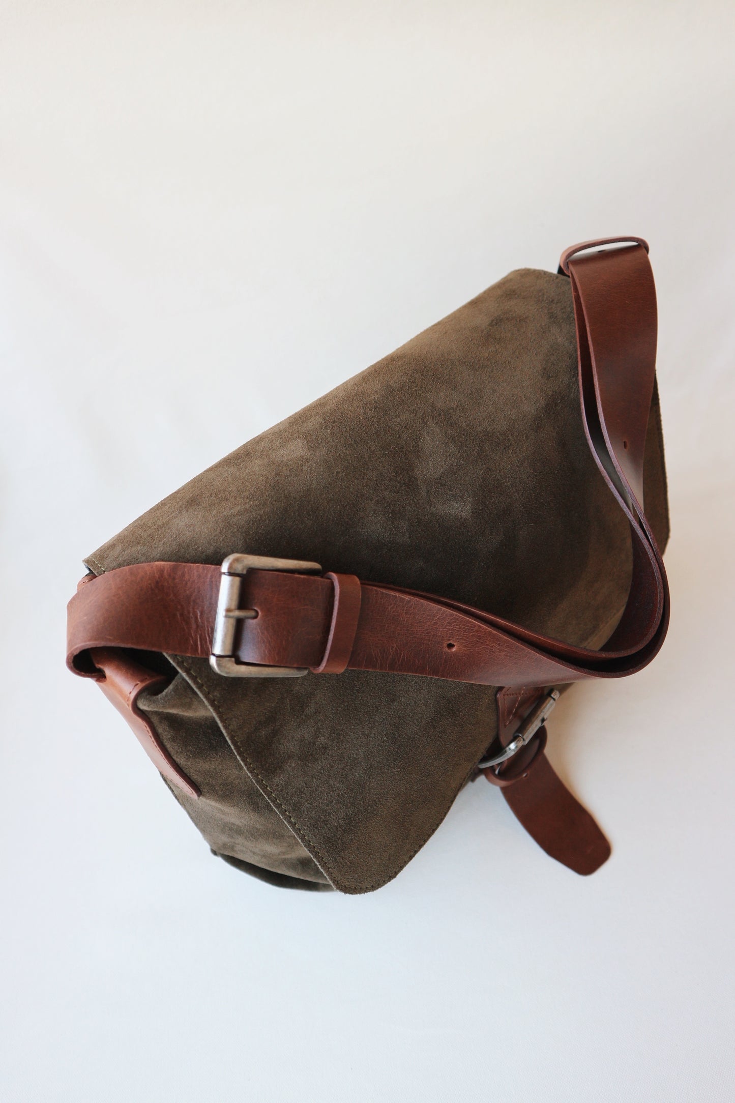 Suede and Leather Shoulder Bag – Dark Khaki & Brown