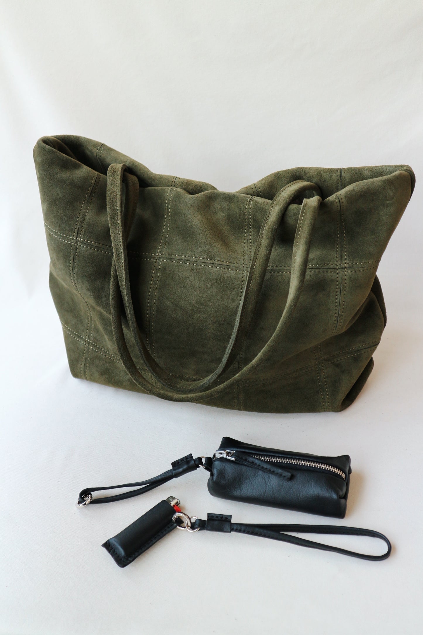 Khaki Suede Tote Bag with Detachable Leather Lighter Case & Zippered Pouch