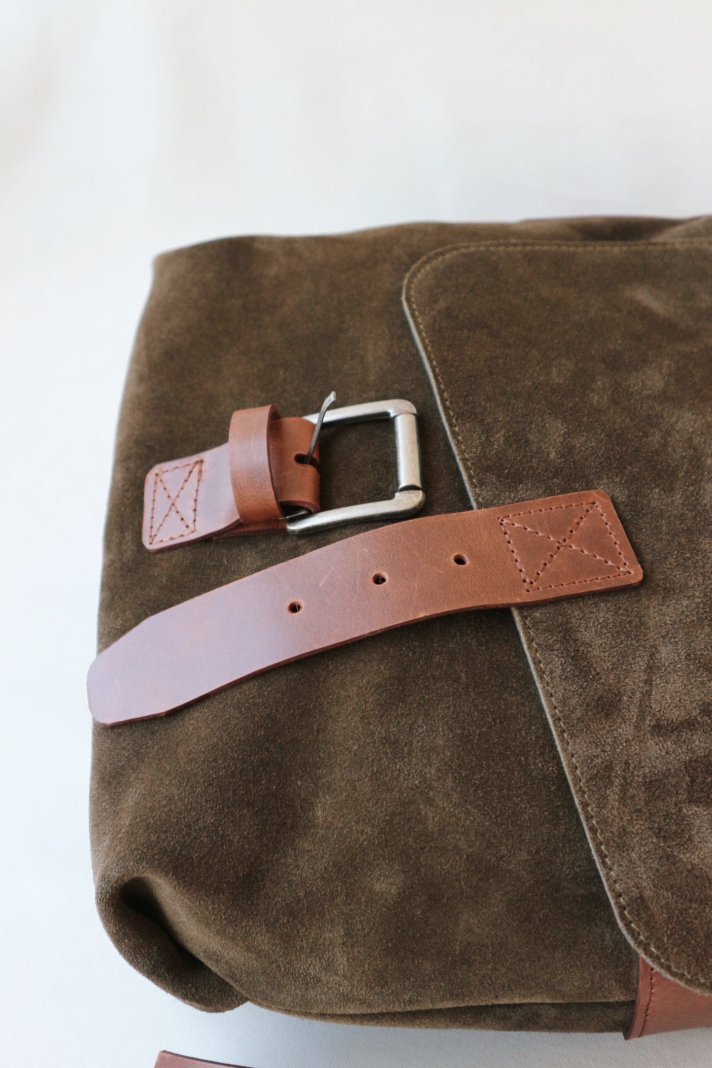 Suede and Leather Shoulder Bag – Dark Khaki & Brown