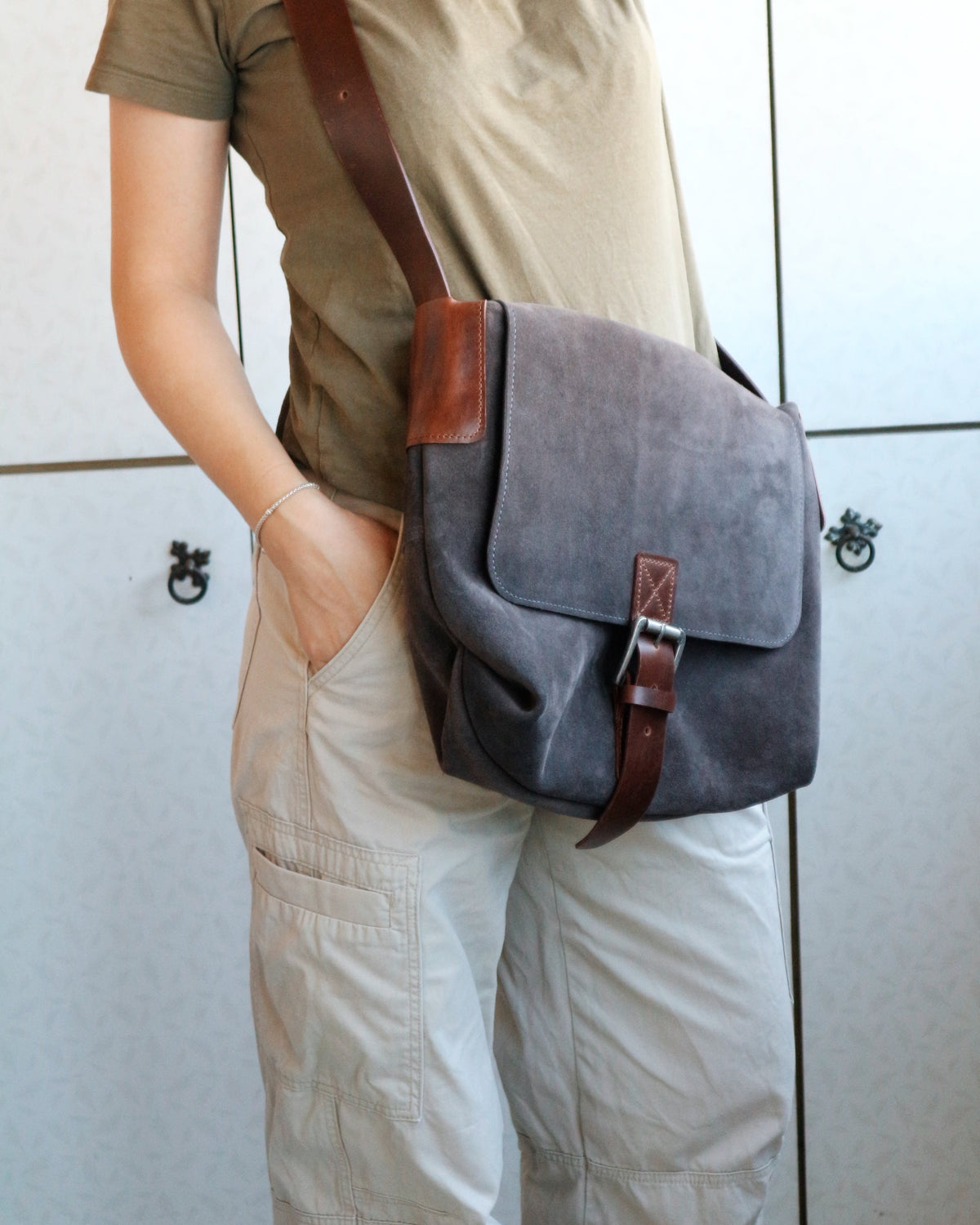 Genuine Suede & Leather Crossbody Messenger Bag